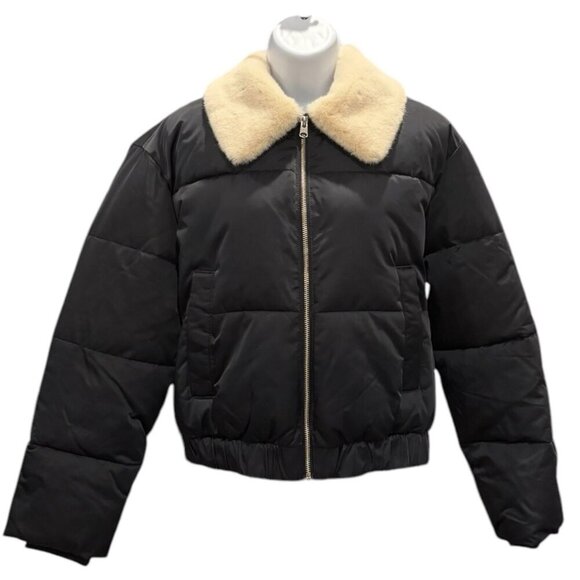 A&F‎ Ultra Puffer Bomber Jacket Faux Fur Black Zip Women’s XS - Picture 1 of 8